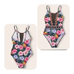 Floral Print Contrast Mesh One Piece Swimsuit